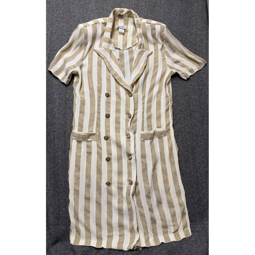 VTG  Good Times Tan White Striped Double Breasted Shirt Dress Size 14 USA Made